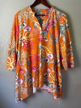 Chicos Womens 2 Large Orange Seashell Tunic Top Coral Nautical Ocean Beach